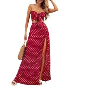 Red Polka Dot Tie Front Crop Tube Top & Split Thigh Skirt Set size 2